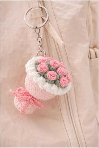 Image of Handmade Crochet Rose Flower Keychain for Women & Girls, Cute Red Flower Key Ring, Soft Yarn Knitted Charm, Romantic Gift, Bag Accessory, Car Key Holder, Aesthetic Handmade Gift