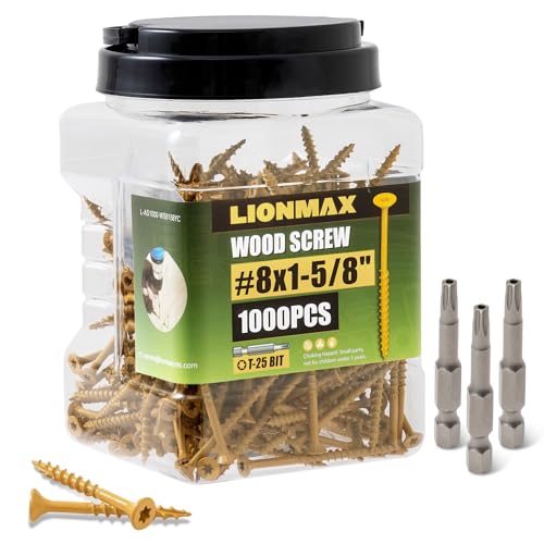 Image of LIONMAX Deck Screws 1-5 /8 Inch, Wood Screws #8 x 1-5 /8 inch, 1000 PCS, Rust Resistant, Exterior Epoxy Coated, Outdoor Decking Screws, Torx /Star Drive Head Screw, T25 Star Bit Included, Tan