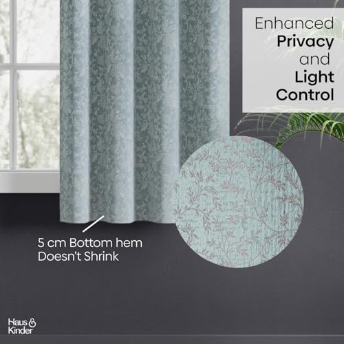 Image of haus & kinder Jacquard Window Curtains 5 Feet Long Pack of 2 Window Curtains, 5 Feet Curtains for Window (Glittering Fern, Aqua Floral Nature Design 130x152 CM)