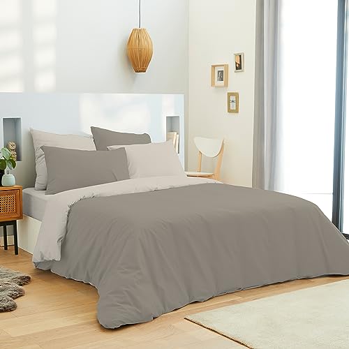 UNIVERSDECOR - Pack Complet 6 pièces Bicolore réversible Housse de Couette 240 x 220 cm pour lit 140 x 190 cm 100% Coton / 57 Fils/cm² (Taupe/Lin, Housse de...