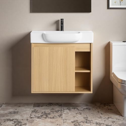 Image of 24 inch Bathroom Vanity with Ceramic Sink, Modern Wall-Mounted Bathroom Vanity with Soft-Close Door & 2 Open Storage Shelves, Farmhouse, Undermount Storage Cabinet, Easy to Clean, Light Oak