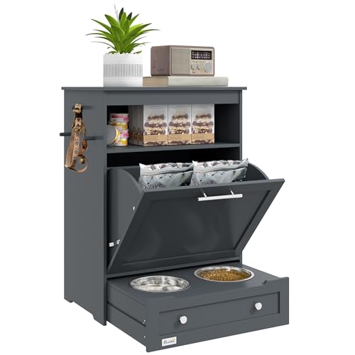 PawHut Dog Feeding Station with Raised Bowls, Dog Food Storage Cabinet with Hanger for Feeding & Watering Supplies, Pet Feeder Station, Gray