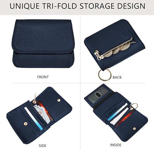 Image of Women Small Wallet RFID Blocking Slim Wallet with Coin Pocket Tri-Fold Credit Card Holder with ID Window and Keychain(Navy Blue)