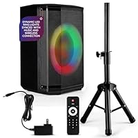 Pyle Portable Bluetooth Speaker with 8" Inch Woofer, TWS Function, Mic Input, USB/Micro SD/FM Radio, Colorful Ring Lights, 120W Rechargeable Battery, Tripod Stand, Hi-Fi Sound, Indoor/Outdoor Use