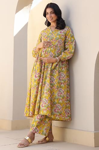 Image of Janasya Women's Pure Cotton Floral Printed A-line Maternity Kurta Pant Set