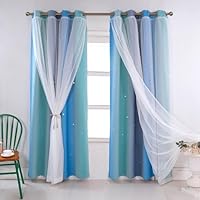 OKYUK Kinder-Verdunkelungsvorhänge mit bunten Sternen - Maschinenwaschbare Vorhänge für das Mädchenzimmer, die Geräuschreduzierung bieten und dekorativ sind (Grau-Blau-Grün, 52\ L x 84\ W)