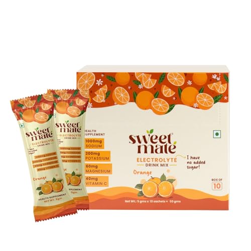 Image of Sweetmate Sugar Free Orange Electrolyte Drink Mix Sweetened With Stevia - 5g (10 Sachet) No Preservatives and Chemicals| Offers 10x more Electrolyte | Keto Friendly, Vegan