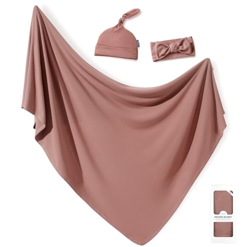 Image of GRSSDER Newborn Swaddle Blanket, Ultra Soft Jersey Receiving Blanket with Matching Headband and Beanie Set 33×44", Stretchy Baby Neutral Swaddle Wrap for Girls and Boys