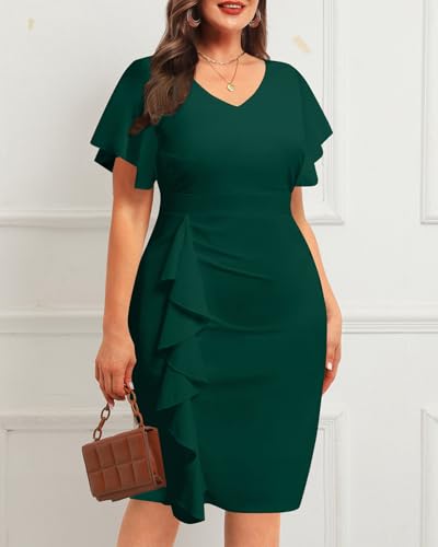 Image of Plus Size Cocktail Dress - Wedding Guest Women Bodycon Vintage Ruffle Church Pencil Dress