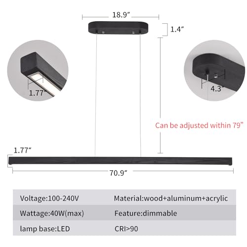 Image of 71 Inch LED Linear Pendant Light Black Wood LED Kitchen Island Lighting Dimmable Ceiling Hanging Chandeliers for Dining Room Living Room Bar Pool Table 40W Modern Farmhouse Fixture Black Wood Finish