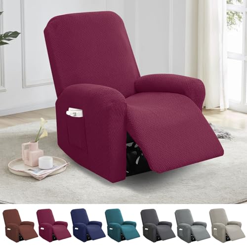 YushengTai Lot de 4 Housses de Fauteuil Relax en Velours Extensible - Protection Complète avec Poches pour Télécommande, Livres - pour Fauteuil de...