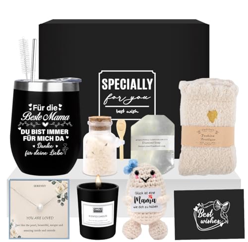 Geschenke für Mama, Geburtstagsgeschenk für Mama, Muttertag Geschenk für Mutter, Beste Mama Geschenk, Thermobecher mit Stroh und Bürste,Halskette Socken Badesalz Seife Duftkerzen Gehäkelte Geschenkset