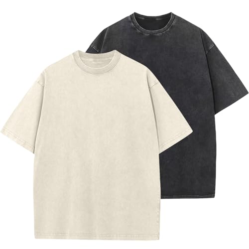 Image of Men's Oversized Cotton T-Shirts Loose Fit Vintage Washed Tee Unisex Short Sleeve Casual Shirts Tops