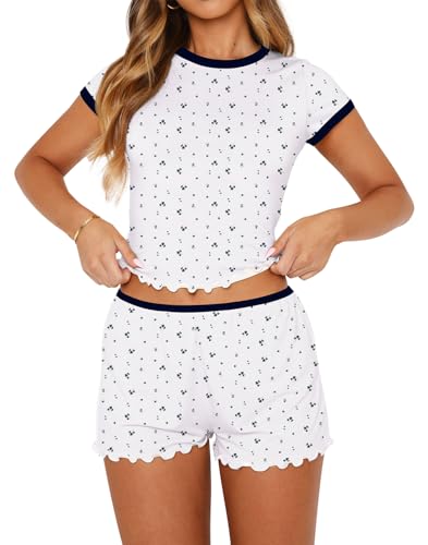 Image of Lacozy Cute Pajamas for Women Set 2 Piece Short Sleeve Pjs Floral Graphic Crop Top Y2K Summer Sleepwear Lounge Set