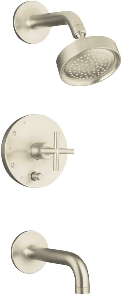 KOHLER K-T1441-3-BL Purist® Rite-Temp® Pressure-Balancing Bath and Shower Faucet Trim with Push-Button Diverter, 7-3/4-Inch Spout and Cross Handle
