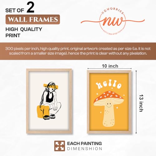 Image of NoWorries Aesthetic Pop Art Wall Framed Painting Set | Girl Illustration & Cute inchHello inch Mushroom Art Prints | Premium 300 GSM Paper Print with Synthetic Wooden Frames | Modern Abstract Wall Decor for Living Room, Bedroom & Office (Set of 2) (NATURAL, ART-1, 10X13INCHES)