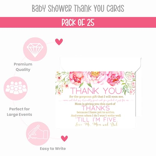 Paper Clever Party Cottage Floral Baby Shower Thank You Cards with Envelopes Girls Blank Prefilled Note Thanking for Gifts, Simple Rustic Pink Stationery Set 4x6, 25 Pack Printed - Image 3