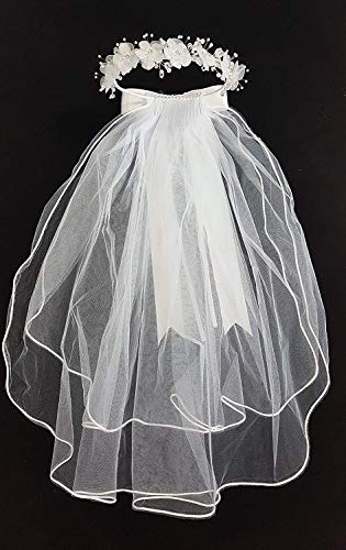 Girls' White Pearl Rhinestone Center Floral Crown First Communion Flower Girl Head Wreath with Veil4