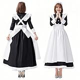 [JUNDOMECY] メイド服 コスプレ 長袖 メイド ロング ワンピース 可愛い クラシカル コスチューム エプロン カチューシャ 白 黒 大きいサイズ 英国風 フリル 衣装 ハロウィン 文化祭 (L)