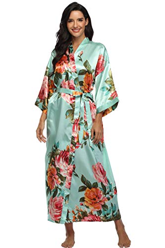 Image of Women Silk Kimono Robe Long Floral Bridesmaids Robes Satin | Wedding Party Bridal Getting Ready Robe Lightweight Dressing Gown Loungewear Sleepwear