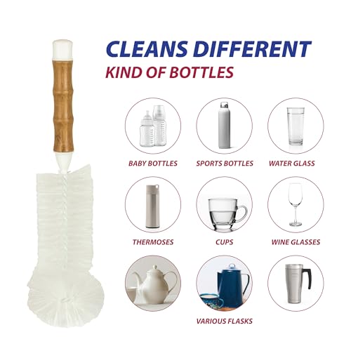 Image of HIC Kitchen Water Bottle Brush, Natural Bamboo with Non-Scratch Bristles, Set of 2