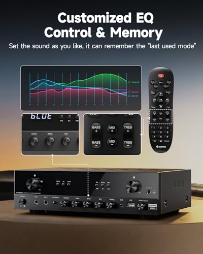Donner Stereo Audio Amplifier, 600W Peak 2 Channel Receiver with Bluetooth 5.3, Phono, Optical, Coaxial, USB, FM, 2 Mic-in, Aux, RCA Input for Home, Karaoke, Theater Speakers, MAMP2 - image 6