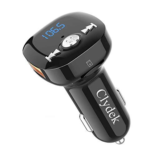 Bluetooth FM Transmitter for Car, Clydek V5.0 Bluetooth Car Adapter Wireless Radio Adapter with Hands-Free Call, Dual USB & QC3.0 Fast Charge, MP3 Music Player Support USB Drive & TF Card