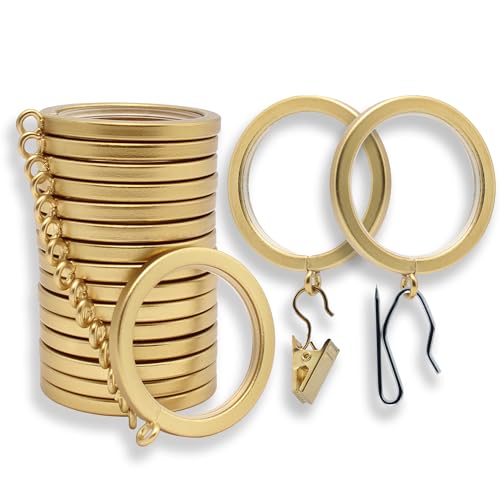 BlastHome Luxury Curtain Rings Premium Metal with Quiet Smooth Removable Nylon Inserts Pinhooks and Clips Included 1 1/2 Inside Diameter 18 Rings for Two Standard Curtains Brushed Gold