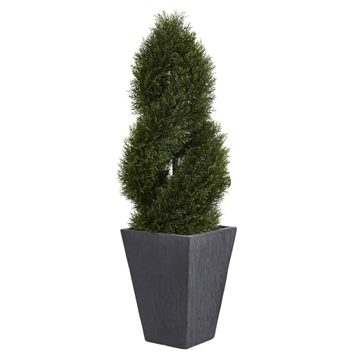Nearly Natural 4ft. Cypress Double Spiral Topiary Artificial Tree in Slate Planter UV Resistant (Indoor/Outdoor)