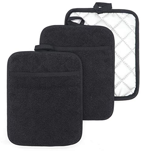 Cotton Pad Holders Hot Pads, Quilted Terry Pot Holders For Kitchen Heat Resistant, Pot Holders With Pockets, Pot Holder Set For Cooking And Baking, 7Inch X 9Inch, Set Of 3 Pack (Black) #TOP1