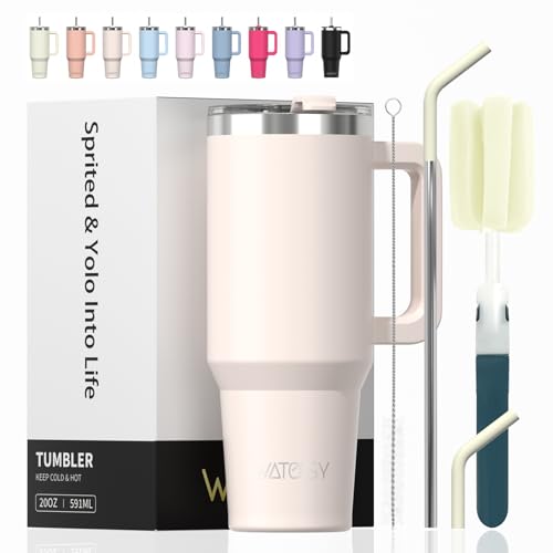 WATERSY 591ml Mug Isotherme avec Paille et Poignée, 20oz Double Acier Inoxydable Beige Tasse de Voyage Isotherme, Anti-fuite, Gobelet à Café à Emporter, Pour Voiture, Bureau, Travel