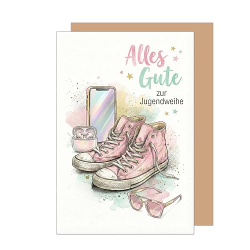 Edition Seidel Premium Glückwunschkarte zur Jugendweihe mit Umschlag. Jugendweihekarte Karte Grußkarte Spruch Sprüche Mädchen Jugendliche Turnschuhe Sonnenbrille cool pink modern (JW145 SW026)