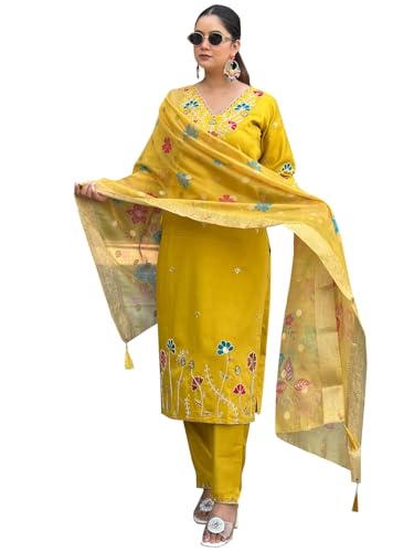 Image of VredeVogel Women's Viscose Silk Blend Straight Kurta Pant Set with Printed Dupatta for Festive & Casual Ethnic Kurta Sets