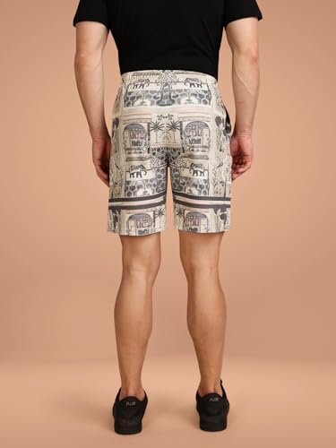 Image of BULLMER Regular Fit Cotton Blend Summer Shorts for Men - Pack of 2 | Printed Shorts for Men Blue /Beige