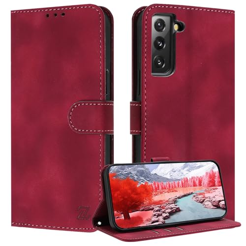 ZONNAVI für Samsung Galaxy S21 5G Hülle [RFID Blocker] PU Lederhülle Schutzhülle mit Kartenfach Wallet Case Stoßfeste Flip Cover für Samsung S21 5G Handyhülle (Dunkelrot)