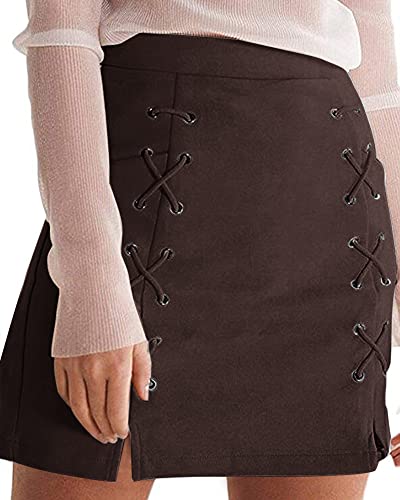Image of MANGOPOP Women's Classic High Waist Lace Up Bodycon Faux Suede A Line Mini Pencil Skirt (Coffee, Small)