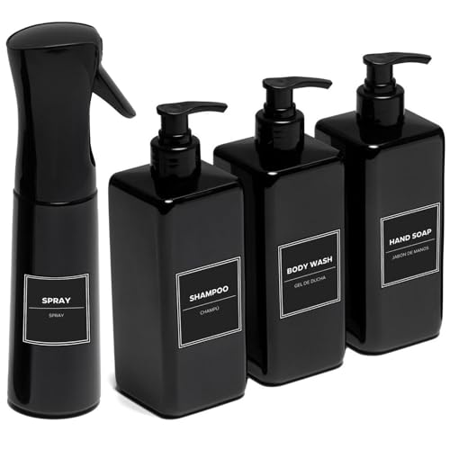 NPS WORKS 4 Piezas (Negro), 3 Dispensadores de Jabón 500 ml, 1 Pulverizador 300 ml y 10 Etiquetas Impermeables. Botes para Gel y Champú. Botellas Recargables y Spray. Dosificador de Bomba.