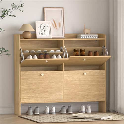 Shoe Storage Cabinet with 4 Flip Drawers Narrow Shoe Rack Organizer for Entryway Freestanding Shoe Cabinet with Open Storage Adjustable Shelves Light Oak
