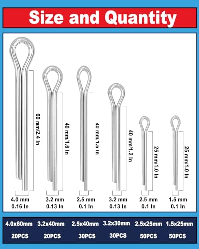 Image of 200 Pcs Cotter Pins Assortment Kit - 6 Size 304 Cotter Pins Stainless Pins Set Used for Automotive, Trailer Hitch,Lawn Mower
