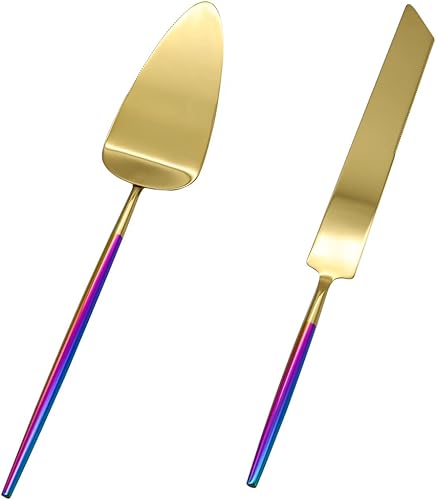 Miniatura 14 de Koyal Wholesale Juego de cuchillos y servidores modernos para tartas de boda, 2 piezas, cortador de pastel dorado y servidor con mango malva