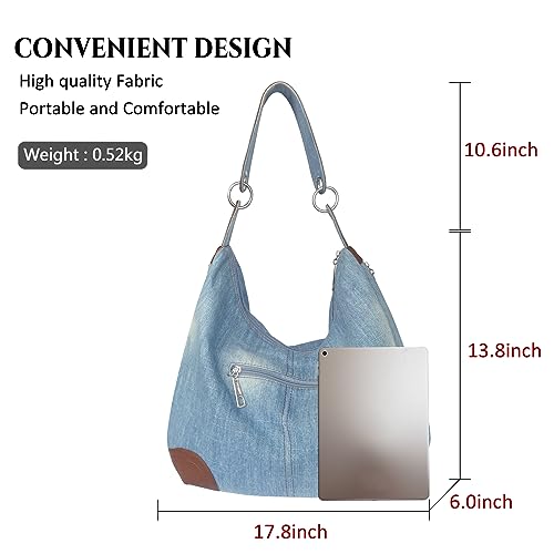 Image of Denim Handbags for Women Jean Purse with Multiple Pockets Denim Blue Pocketbooks Tote Hobos Crossbody Bags