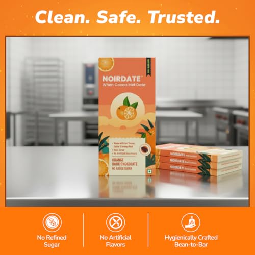 Image of NoirDate Orange Dark Chocolate - 75g, Bean to Bar, Sweetened with Dates, Refined Sugar Free, Clean Label, Healthy & Tasty Indulgence, Vegan, Gluten-Free, Antioxidant Rich (Pack of 1)