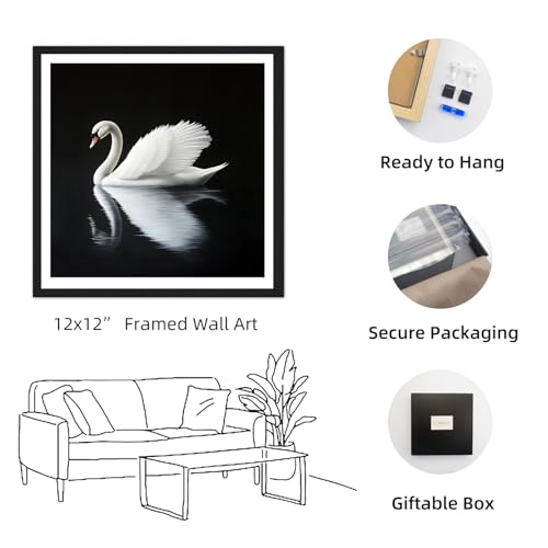 Elegant Swan Wall Art Framed, Small Minimalist Animal Print, Vintage 12x12” — view 2