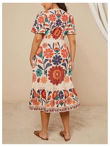 Image of Floerns Women's Plus Size Boho Hawaiian Tropical Dresses V Neck Short Sleeve Floral A Line Long Dress Vacation Beach Outfits