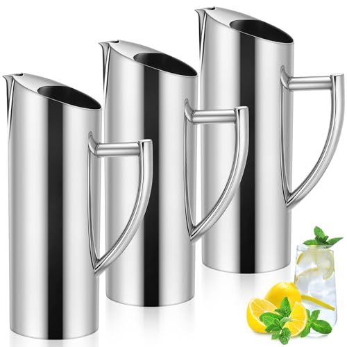 Yiyiring 3 Pack 53 oz Stainless Steel Water Pitcher Carafe with Ice Guard, Beveled Modern Kettle for Hot Cold Drinks Polished Silver Stainless Steel Water Filter Pitcher for Tea, Coffee, Juice, Beer
