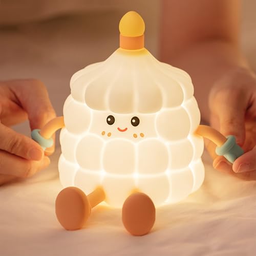 Night Light for Kids, Cute Cake Silicone Nursery Night Light with Timer & 3-Level of Brightness, Rechargeable Led Night Light for Room Decor, Dimmable Touch Night Light Birthday Gift for Kids (White)