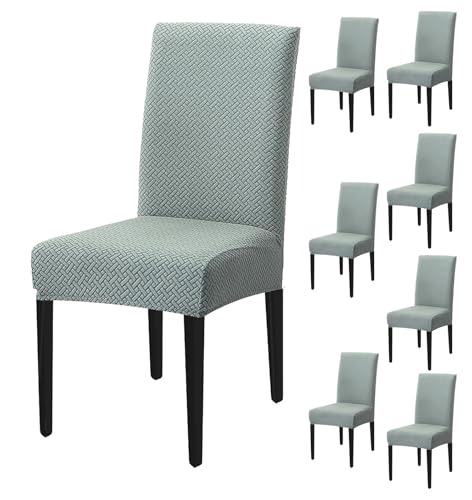Image of House of Quirk Elastic Jacquard Chair Cover Stretch Removable Washable Short Dining Chair Cover Protector Seat Slipcover (Pack of 8, Pastel Green)