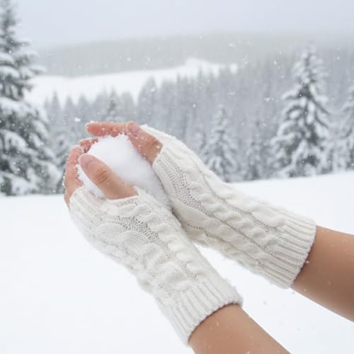 Image of Kraptick Women's Cable Knit Fingerless Gloves - Winter Soft Woolen Arm Warmers with Thumb Hole - Thermal Half Finger Mittens for Typing, Driving & Texting (Free Size, Khaki)