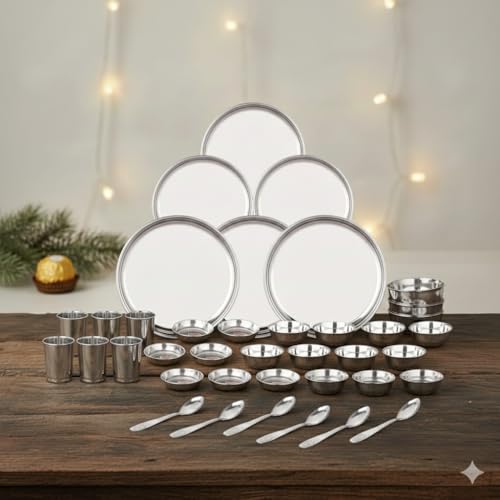 Image of 36 Pieces Stainless Steel Dinnerware /Dinner Set - 6 Thali, 6 D.Plate, 12 Bowl, 6 Glass, 6 Spoon, Kitchen Set for Home & Restaurants, Family - Silver Dinnerware Set
