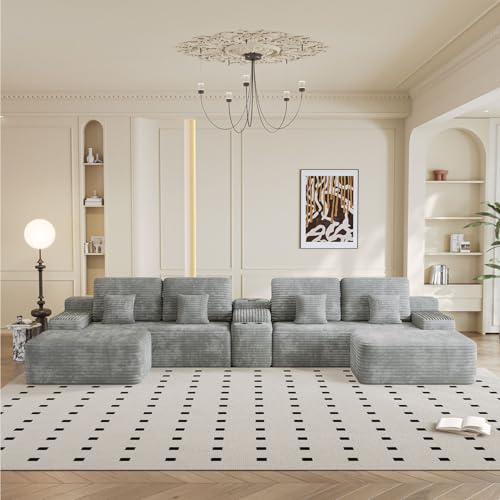 Image of KEIKI 150 inch U-Shaped Oversized Corduroy Modular Sectional Sofa with 2 Ottomans and Multi Functional Console, 6-Seater Upholstered Couch with USB and 2 Cup Holder, Easy Assembly, for Living Room, Grey